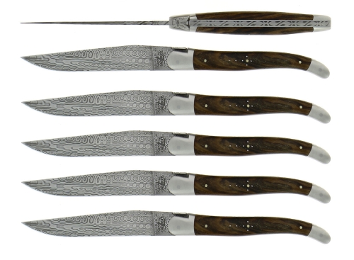 Kuusi veistä, Pähkinä kahva, damasti matta, Kokoelma - Forge de Laguiole