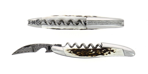 Hirvensarvi sommelier veitsi, damassiinoitu koristeella, Collection - Forge de Laguiole