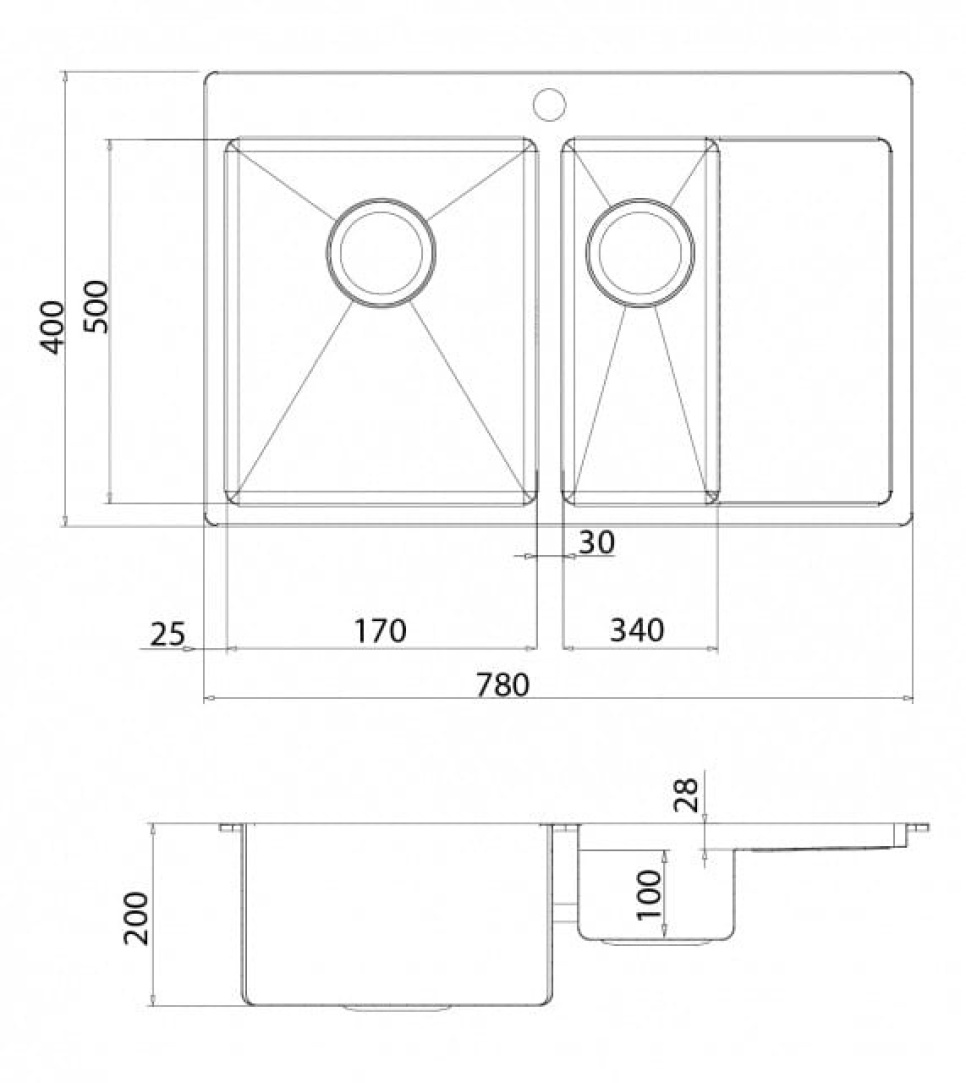 Ruostumaton kaksoisallas 780 x 500 mm taso oikealla