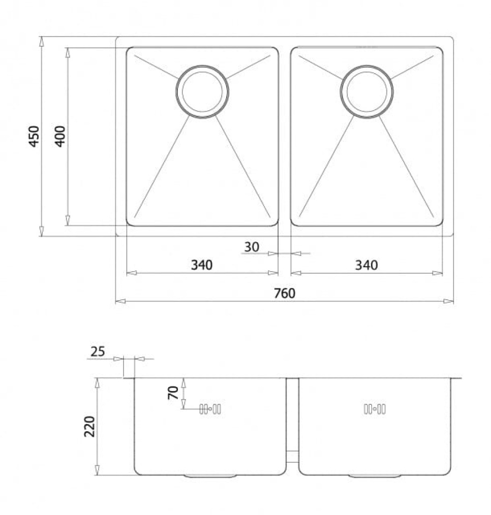 Ruostumaton kaksoisallas 760 x 450 mm