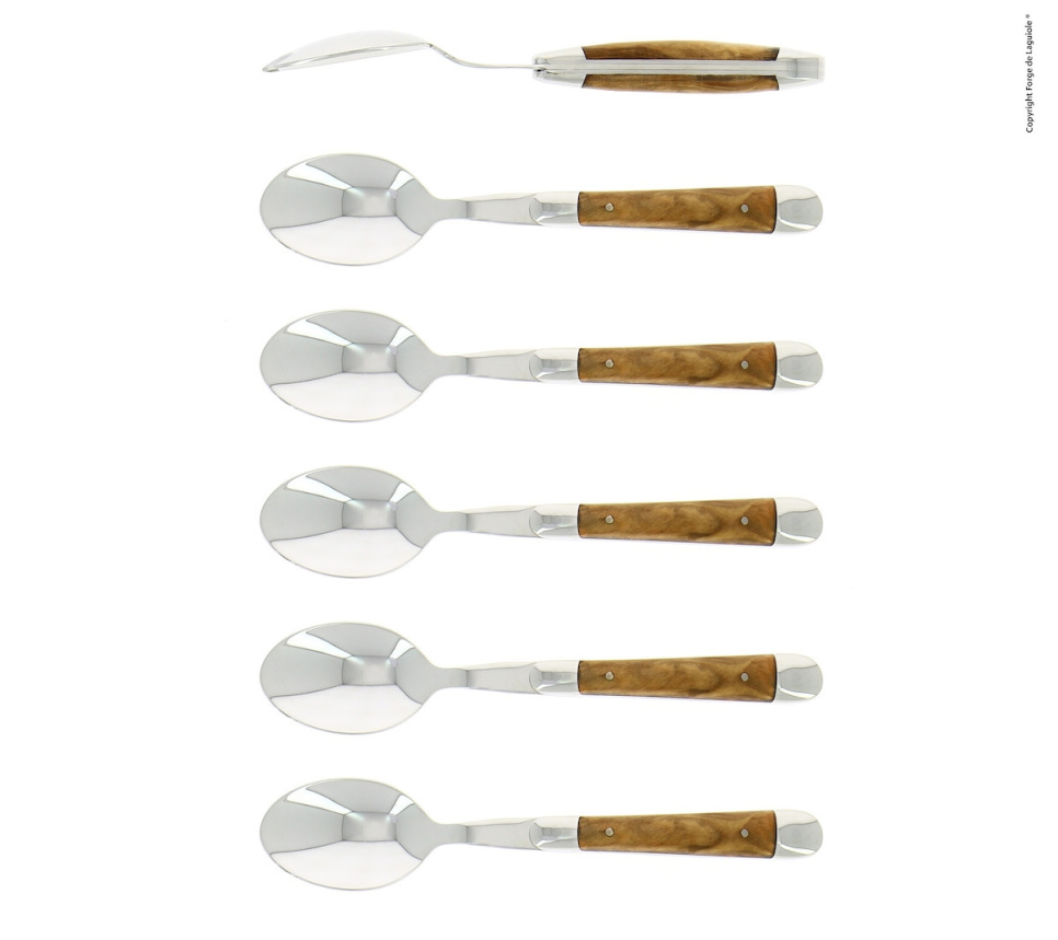 Kuusi jälkiruokalusikkaa, Oliivipuun kahva, kiillotettu, Tradition - Forge de Laguiole ryhmässä Kattaus / Aterimet / Lusikat @ KitchenLab (1446-32907)