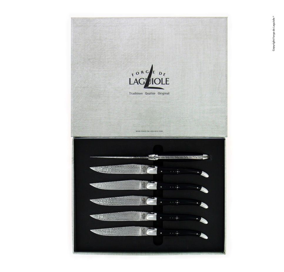 Kuusi veistä, Tummasarvikahvat, damassiinoitu, kokoelma - Forge de Laguiole