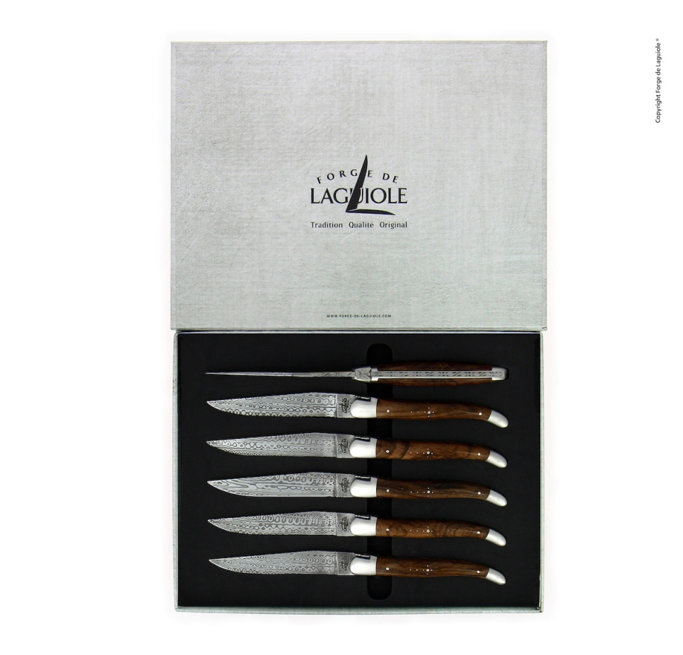 Kuusi veistä, Pähkinä kahva, damasti matta, Kokoelma - Forge de Laguiole