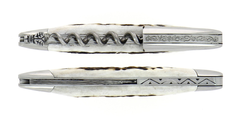 Hirvensarvi sommelier veitsi, damassiinoitu koristeella, Collection - Forge de Laguiole