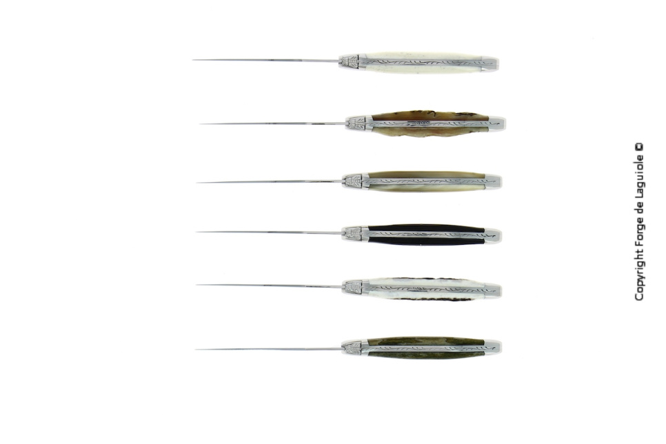 Kuusi veistä, kahvat eri eläinmateriaaleja, kiillotettu, Perinne - Forge de Laguiole