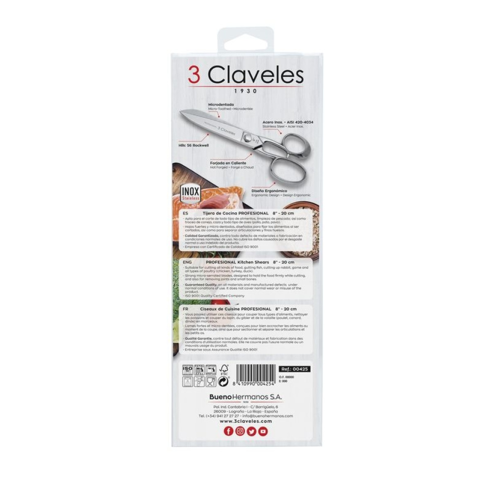 Ruostumattomasta teräksestä valmistetut keittiösakset, Professional - 3 Claveles - 20 cm