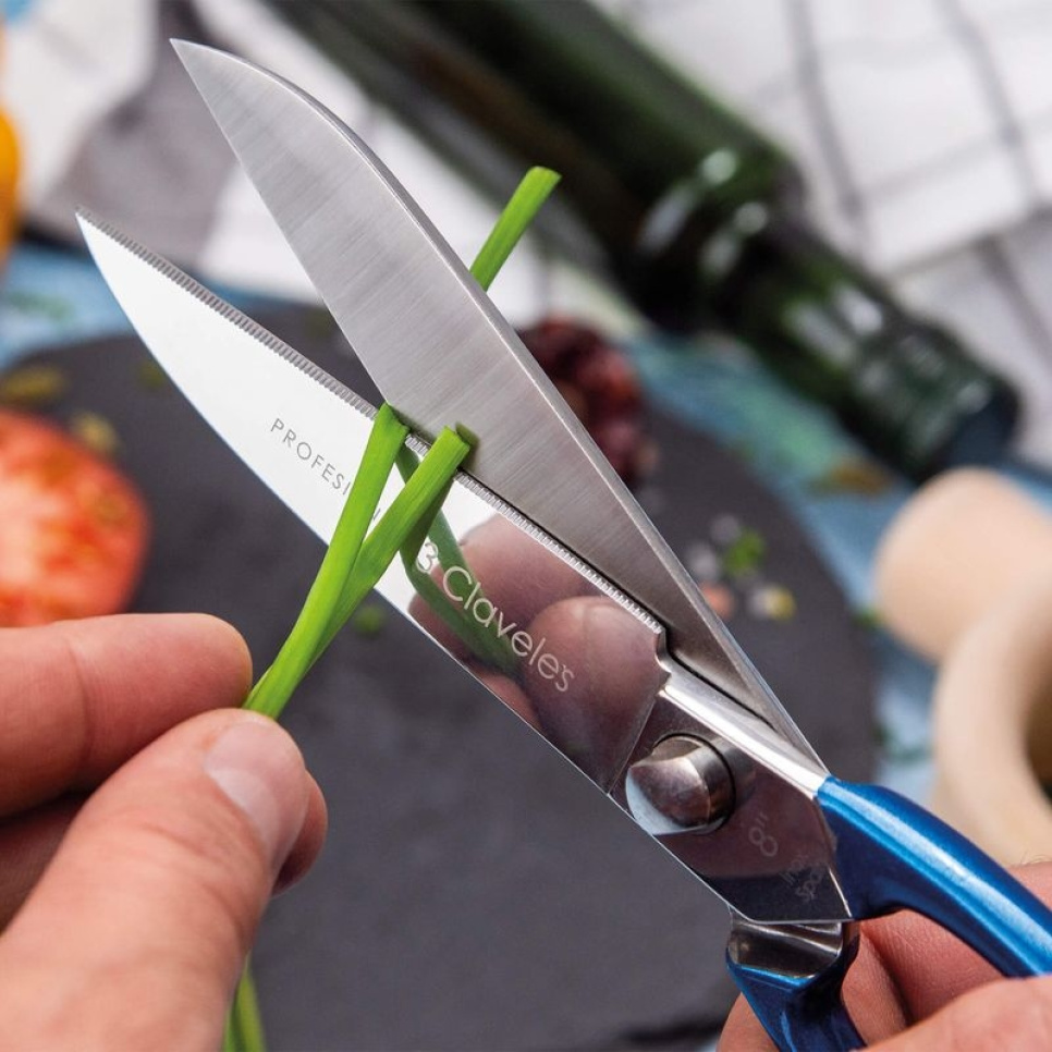 Ammattimaiset keittiösakset ruostumattomasta teräksestä, sininen - 3 Claveles