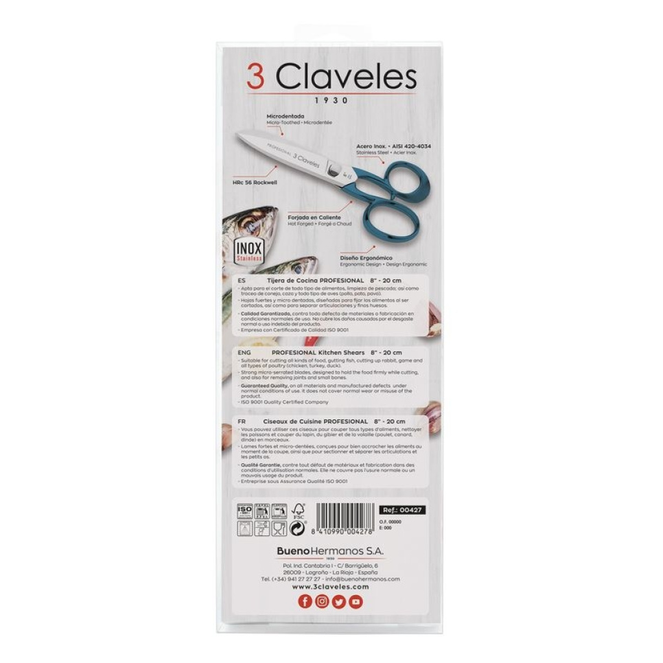 Ammattimaiset keittiösakset ruostumattomasta teräksestä, sininen - 3 Claveles