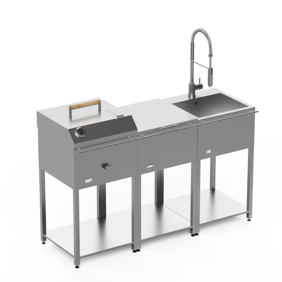 Ulkokeittiö, jossa hiiligrilli, työtaso ja allas – Looft