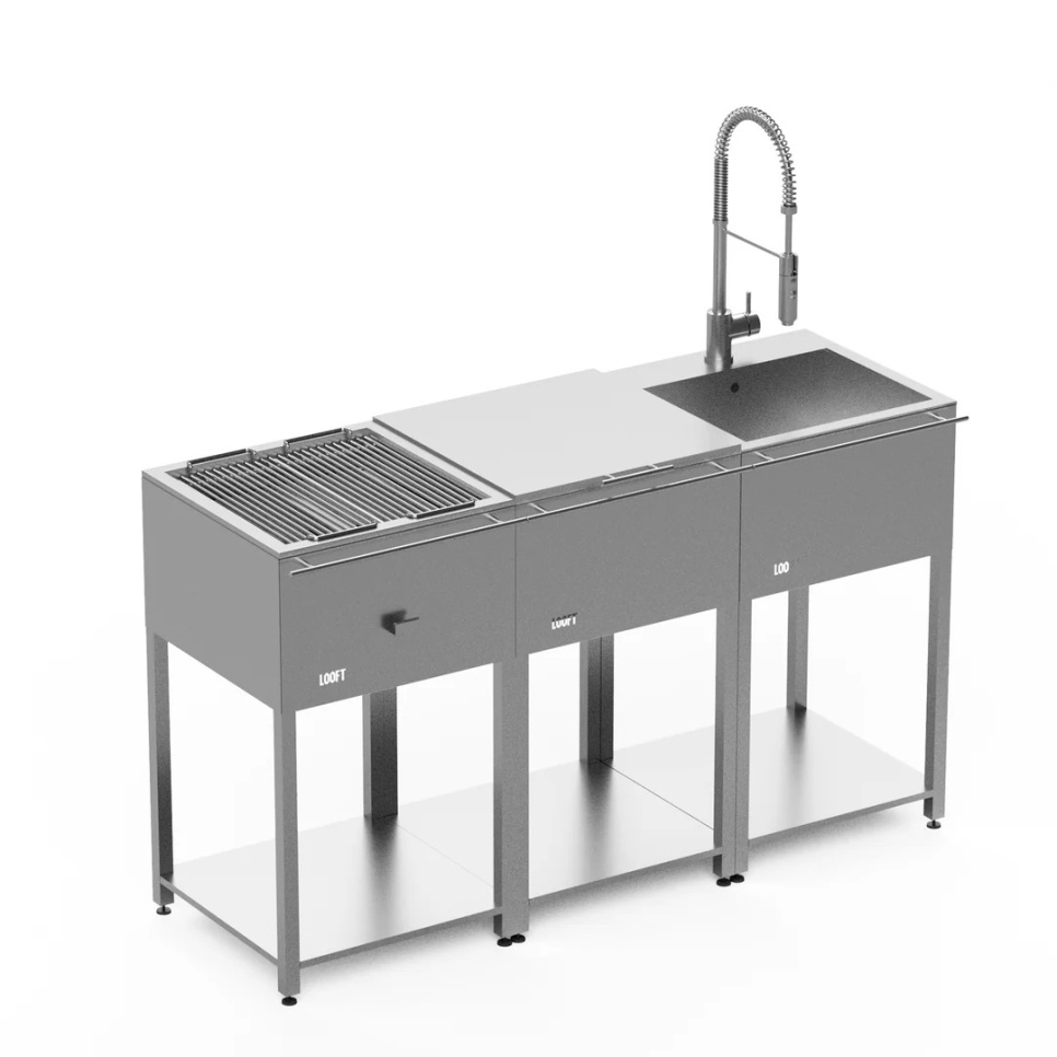 Ulkokeittiö, jossa hiiligrilli, työtaso ja allas – Looft