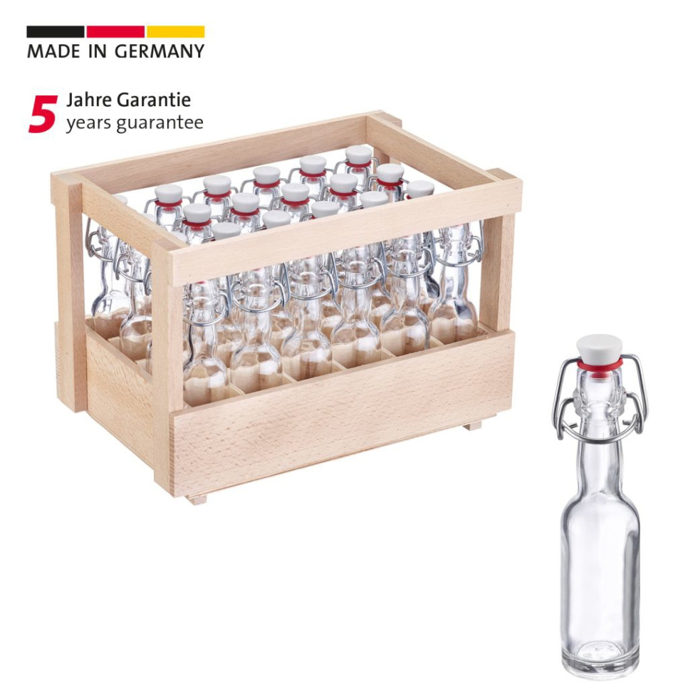 Lasipullo, jossa on kiikkukorkki ja puulaatikko, 40 ml, 24-pack - Westmark ryhmässä Ruoanlaitto / Keittiövälineet / Pullot & purkit @ KitchenLab (2190-32278)