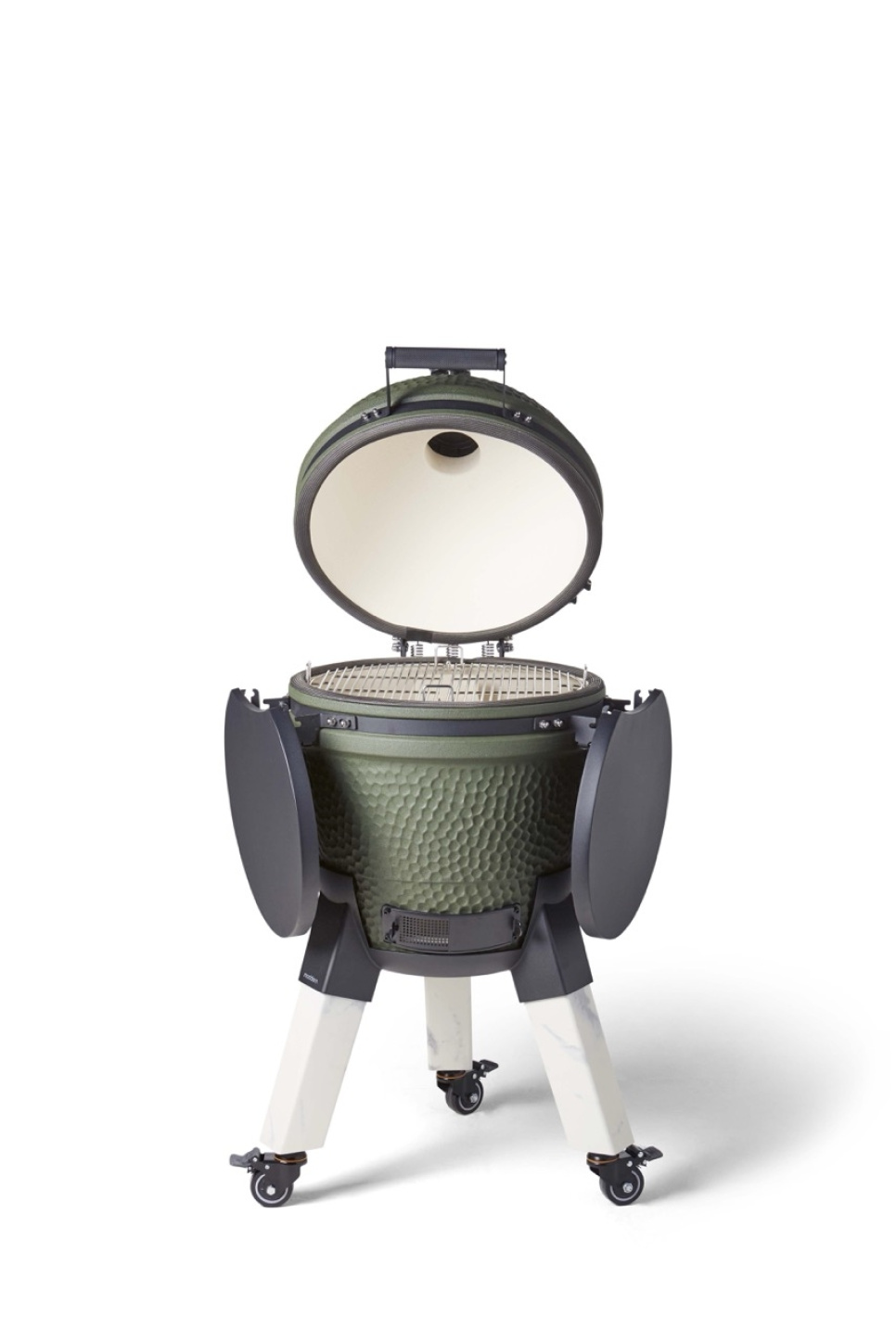 Kamado grilli, johon kuuluu jalkatuki, alumiinijalat (marmori jäljitelmä) pyörillä ja sivupöytä - Moddern Kamado grilli, johon kuuluu jalkatuki, alumiinijalat (marmori jäljitelmä) pyörillä ja sivupöytä - Moddern